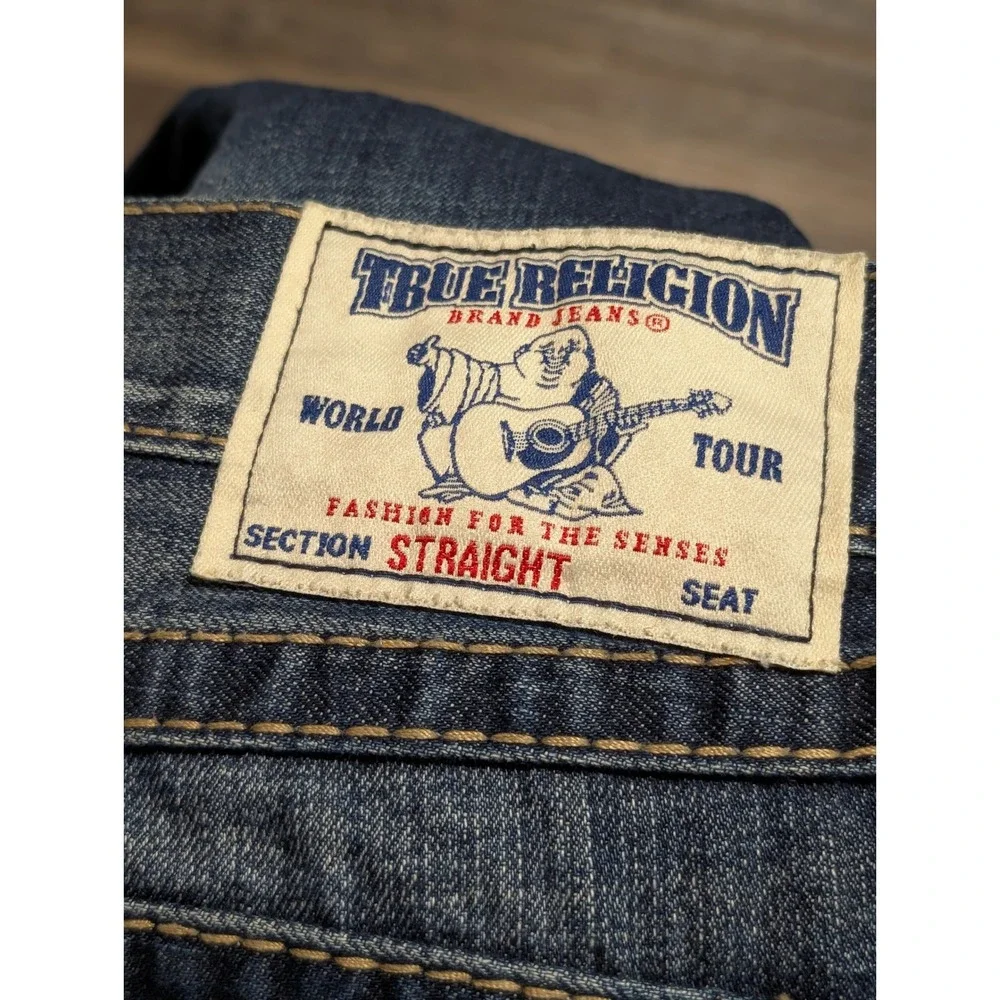 True Religion Straight Leg‎ Distressed Jeans Mens 38 Dark Wash Ripped Denim Blue